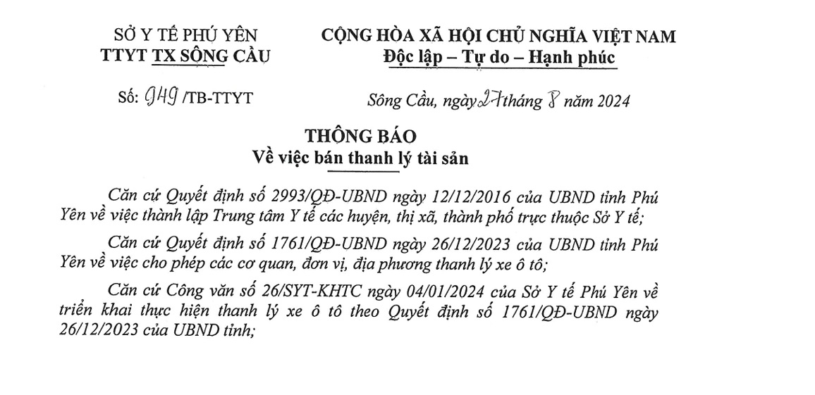 Thông báo bán thanh lý tài sản